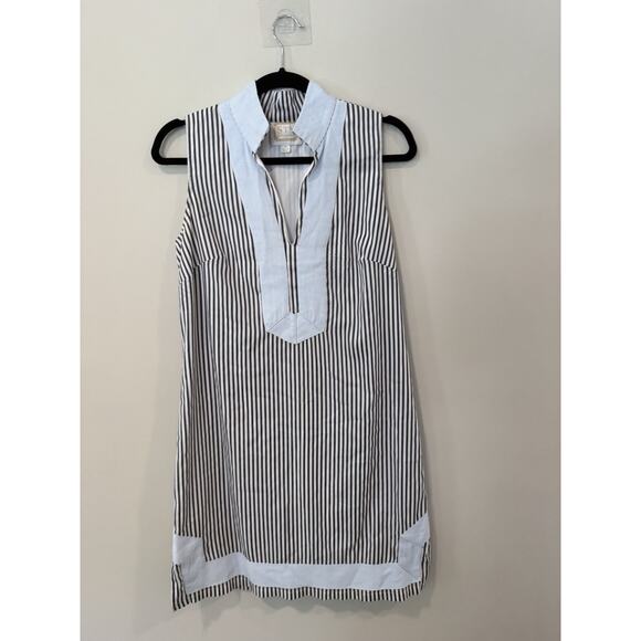 STS Woven Band Collar Split V-Neck Sleeveless Contrast Trim Tunic Shift Dress M - Picture 1 of 13